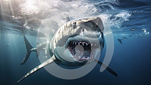 A very scary white shark with an open mouth in the ocean. A cinematic attack