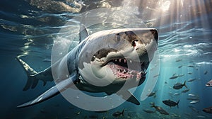 A very scary white shark with an open mouth in the ocean. A cinematic attack