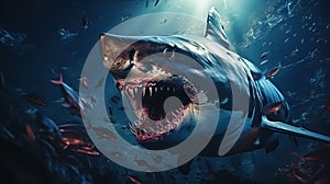 A very scary white shark with an open mouth in the ocean. A cinematic attack