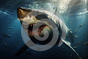 A very scary white shark with an open mouth in the ocean. A cinematic attack