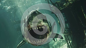 A very scary white shark with an open mouth in the ocean. A cinematic attack