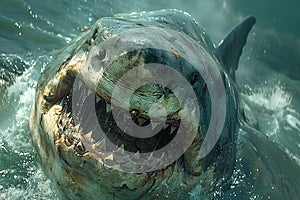 A very scary white shark with an open mouth in the ocean. A cinematic attack photo