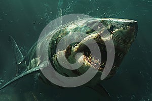 A very scary white shark with an open mouth in the ocean. A cinematic attack photo