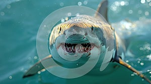 A very scary white shark with an open mouth in the ocean. A cinematic attack photo