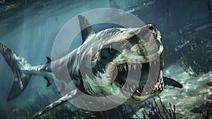A very scary white shark with an open mouth in the ocean. A cinematic attack photo