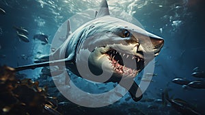 A very scary white shark with an open mouth in the ocean. A cinematic attack photo