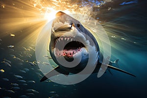 A very scary white shark with an open mouth in the ocean. A cinematic attack photo