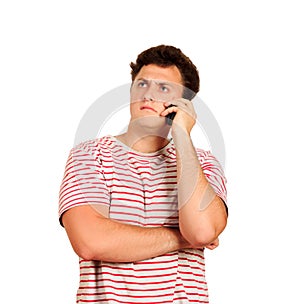 Very serious guy talking on the phone. emotional guy isolated on white background