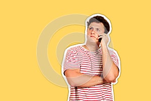 Very serious guy talking on the phone. emotional guy  Magazine collage style with trendy color