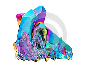 Very sharp and detailed Titanium rainbow aura quartz crystal cluster stone cut on white background