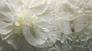 a very simple a fully-bloomed \'Gardenia Peony\'And a butterfly, Butterfly close-up realistic, artistic