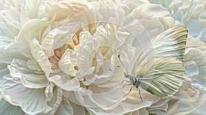 a very simple a fully-bloomed \'Gardenia Peony\'And a butterfly, Butterfly close-up realistic, artistic