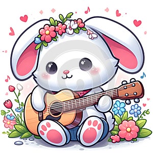 CUTE RABBIT PLAYING GUITAR IN THE FLOWERS GARDEN PRINTABLE DESIGN photo