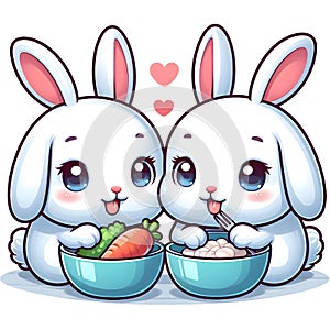 CUTE TWIN WHITE RABBIT EATING TOGETHER PRINTABLE DESIGN photo