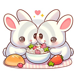 CUTE TWIN WHITE RABBIT EATING TOGETHER PRINTABLE DESIGN photo