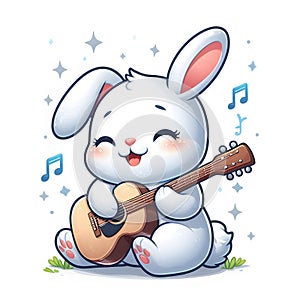 CUTE WHITE RABBIT HAPPY PLAYING GUITAR PRINTABLE DESIGN photo