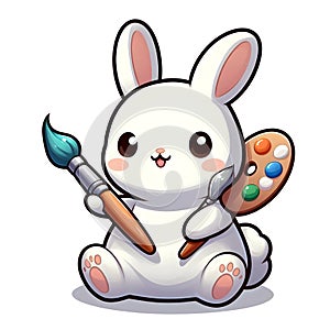 CUTE WHITE RABBIT HOLDING A BRUSH FOR PAINTING PRINTABLE DESIGN photo