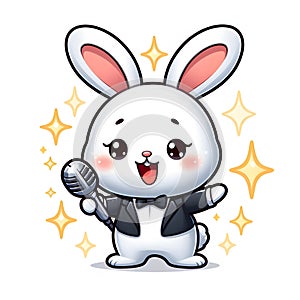 CUTE WHITE RABBIT WANT SINGING TOGERHER PRINT photo