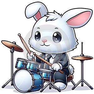 CUTE WHITE RABBIT WEARING A SUIT AND PLAY DRUM PRINTABLE PRINT photo
