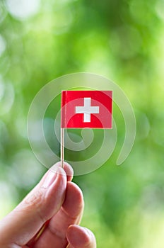 Very small Swiss National flag held between fingers by Caucasian male hand  against green blurred background