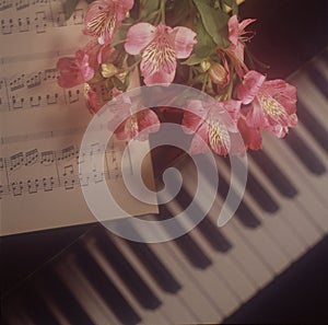 Very soft light ambience shot of flowers on a piano