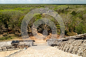 Very steep stairs in majestic ruins in Ek Balam, Yucatan, Mexico.