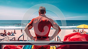 A very strong lifeguard man scanning the seascape summertime. Generative AI