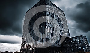 A very tall building with lots of windows and brutal shapes stormy sky. AI generated