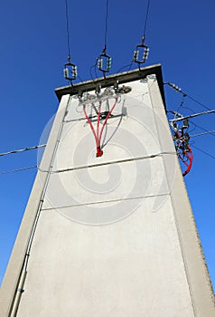 very tall electrical substation with high voltage cables and ins photo