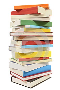 Tall stack of books, vertical, isolated white background