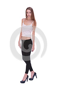 Very thin Young woman staying on white bacground