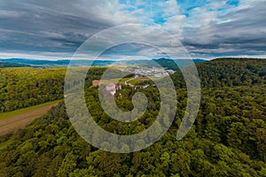 Very wide Panoramic aerial drone view of castle of Mirna on a summer day. Picturesque castle in dolenjska region of Slovenia photo