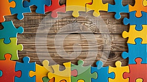 Verycolor pieces of puzzle frame on wooden background with copy