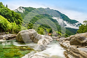 Verzasca River at Lavertezzo - clear and turquoise water stream and rocks in Ticino - Valle Verzasca - Valley in Tessin,