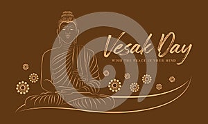 Vesak day with abstract line border drawing the Buddha meditated and lotus flower on brown background vector design