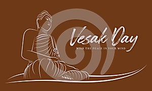 Vesak day with abstract white line border the Buddha meditated and enlightened on brown background vector design photo