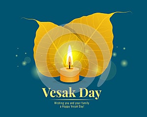 Vesak day banner with gold bodhi leaf and Light candle on blue background vector design