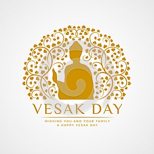 Vesak day banner with gold The Buddha in circle abstract Bodhi branch sign vector design