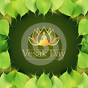 Vesak day banner - gold buddha in lotus sign on green bodhi leaves around frame photo