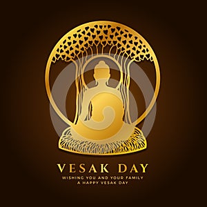 Vesak day banner with Gold buddha Meditate under Bodhi tree in circle frame sign vector design