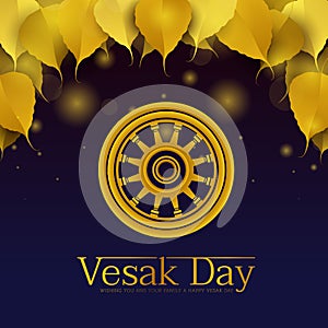 Vesak day banner - gold Dharmachakra Wheel of Dhamma sign on blue background with gold bodhi leaves and light bokeh on top vector
