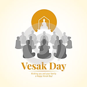 Vesak day banner with Group of Buddhists are Meditation and Buddh statue sign vector design