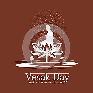 Vesak day banner with The Lord Buddha meditated on Big lotus flower in river on brown background vector design