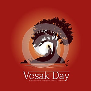 Vesak day banner with The Lord Buddha meditated under Bodhi  trees on a full moon night near the stream vector design