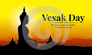 Vesak day banner with Silhouette Big Buddha statue in temple and mountain on yellow orange sky vecto design