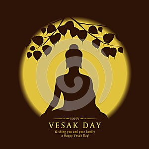 Vesak day banner with Silhouette Buddha sign under Bodhi Tree and yellow full moon vector design