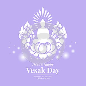 Vesak day banner with white Buddha Meditation on lotus art sign design on purple background photo