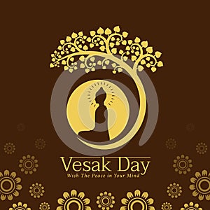 Vesak day banner with Yellow The lord buddha Meditate under bodhi tree and circle full moon sign on brown background vector design photo