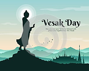 Vesak day with Buddha statue stood and raised his hand Sign and temple on mountain background vector design photo