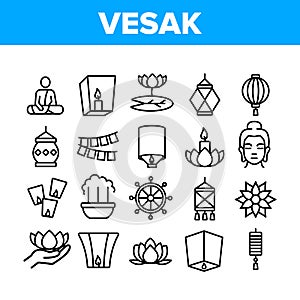 Vesak Day Buddhism Collection Icons Set Vector